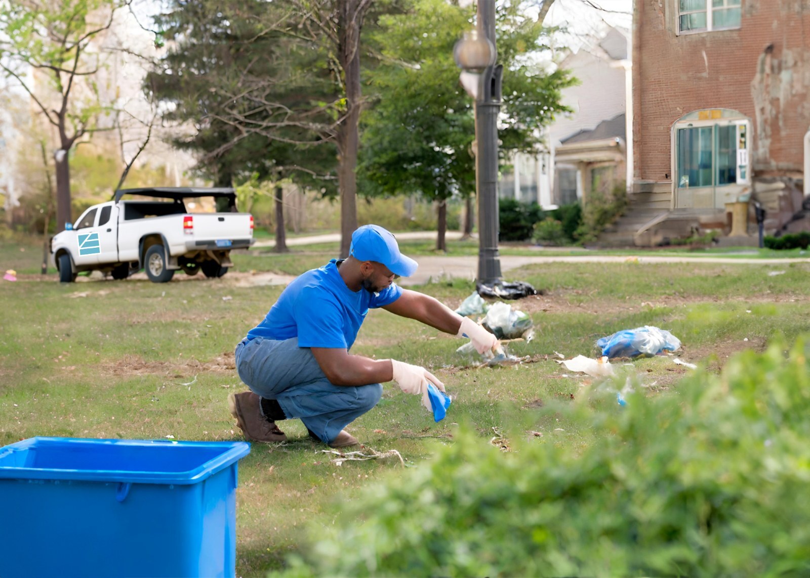 A worker in a blue shirt and cap crouches on a lawn picking up litter and bagged trash near a company pickup truck and blue collection bin.