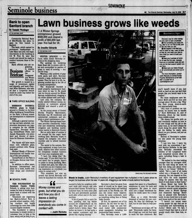 Orlando Sentinel article: Lawn business grows like weeds, featuring a young Justin Reviczky